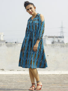 Blue Black Mustard Ivory Handwoven Ikat Dress With Cold Shoulder & Tie Up Waist -  D119F825