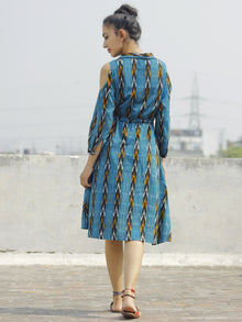 Blue Black Mustard Ivory Handwoven Ikat Dress With Cold Shoulder & Tie Up Waist -  D119F825