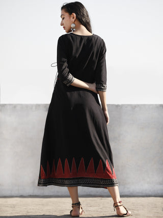 Naaz Black Red Grey Hand Block Printed Cotton Angrakha Style Midi Dress - DS47F000