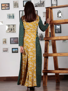 Green Rust Mustard Ivory Hand Block Printed Cotton Dress With Tie Up Detail At Waist  -  D176F1303