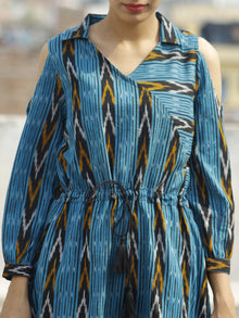 Blue Black Mustard Ivory Handwoven Ikat Dress With Cold Shoulder & Tie Up Waist -  D119F825