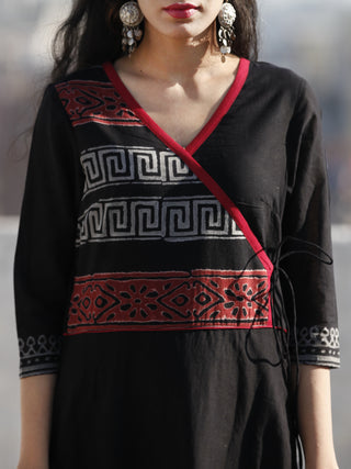 Naaz Black Red Grey Hand Block Printed Cotton Angrakha Style Midi Dress - DS47F000