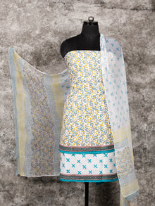 White Yellow Blue Grey Hand Block Printed Cotton Suit-Salwar Fabric With Chiffon Dupatta (Set of 3) - SU01HB356