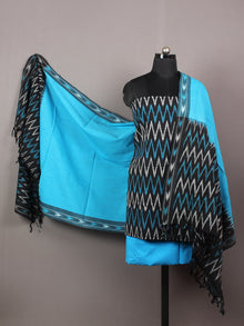Black Azure White Ikat Handwoven Cotton Suit Fabric Set of 3 - S1002034