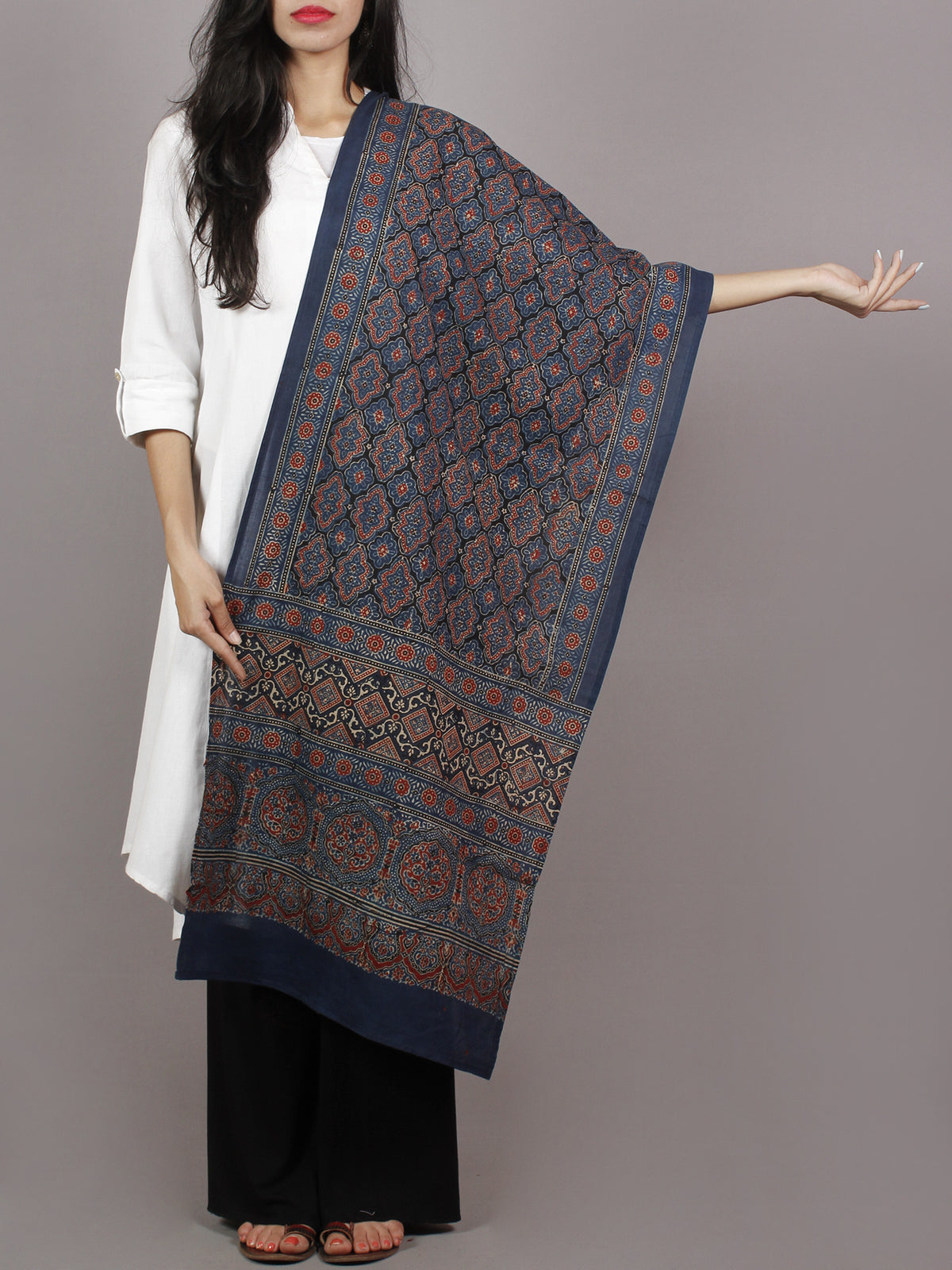 Indigo Maroon Ivory Black Mughal Nakashi Ajrakh Hand Block Printed Cotton Stole - S63170142