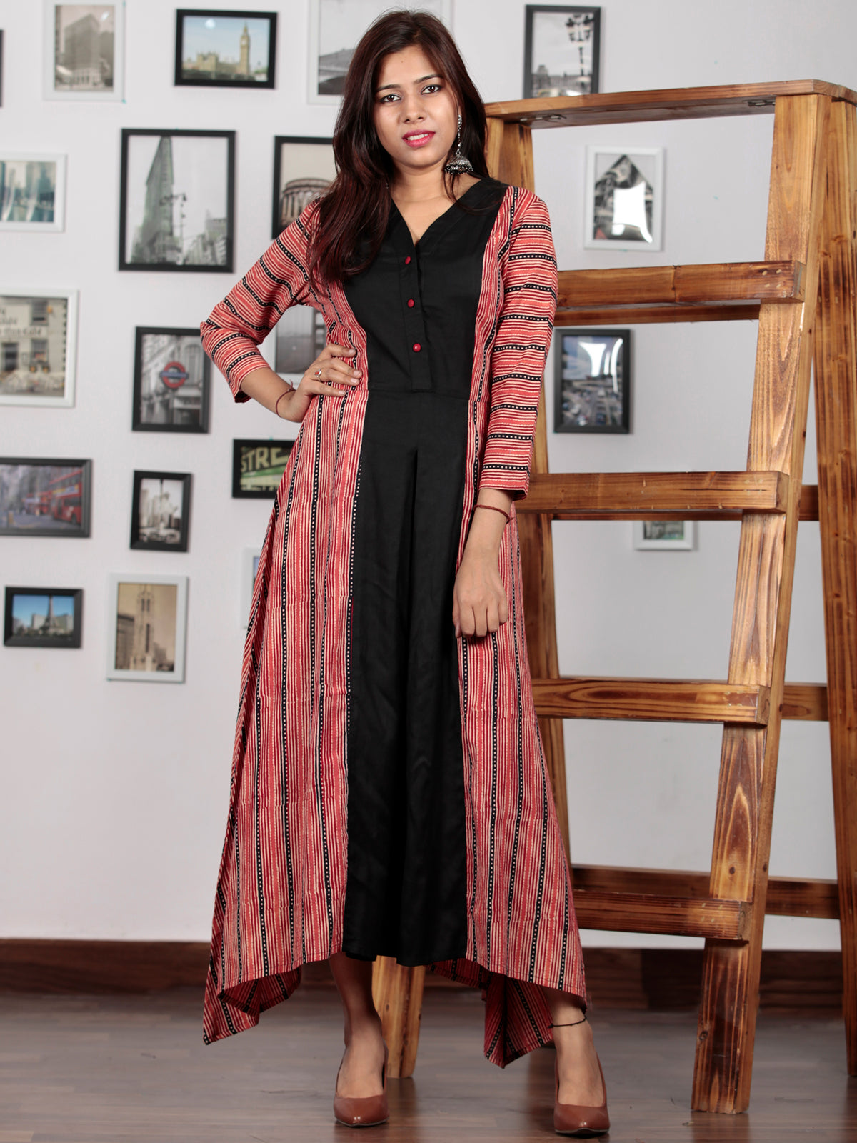 Black Red Hand Block Printed Cotton Rayon Long Dress With Centre Inver InduBindu