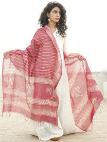 Punch Pink  Ivory Chanderi Hand Black Printed & Hand Painted Dupatta - D04170240