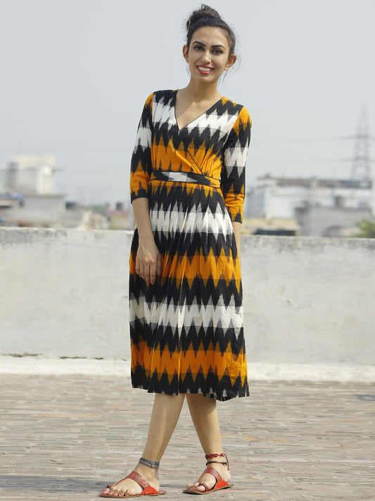 Yellow Black Ivory Ikat Dress With Gathers & Side Pockets -  D118F932