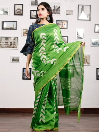 Green White Chanderi Silk Hand Block Printed Saree With Zari Border - S031703184