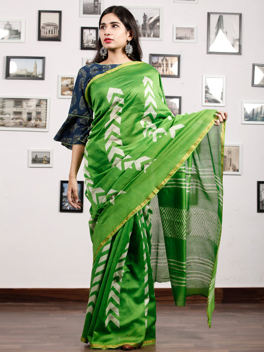 Green White Chanderi Silk Hand Block Printed Saree With Zari Border - S031703184