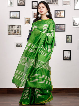 Green White Chanderi Silk Hand Block Printed Saree With Zari Border - S031703184