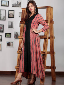 Black Red Hand Block Printed Cotton Rayon Long Dress With Centre Inverted Pleat  - D233F628