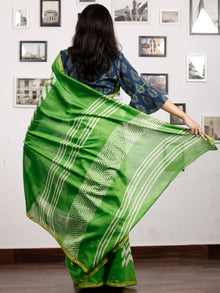 Green White Chanderi Silk Hand Block Printed Saree With Zari Border - S031703184