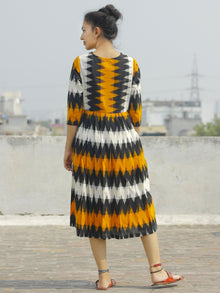 Yellow Black Ivory Ikat Dress With Gathers & Side Pockets -  D118F932