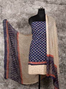 Indigo Maroon Beige Hand Block Printed Cotton Suit-Salwar Fabric With Chiffon Dupatta (Set of 3) - SU01HB357