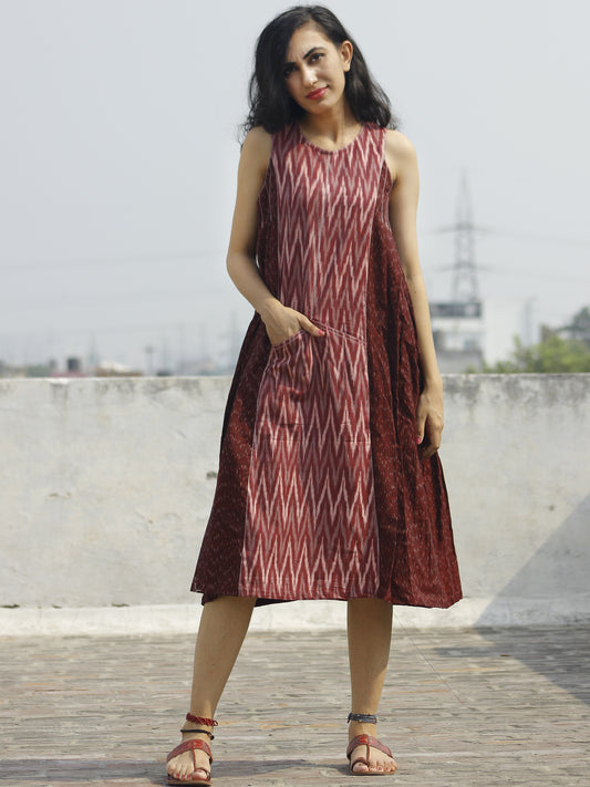 Maroon Ivory Grey Handwoven Ikat Knife Pleated Sleeveless Dress With Front Pockets-  D82F859