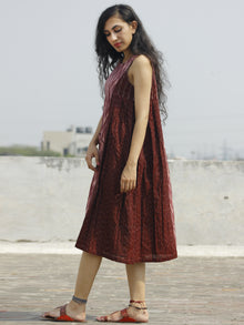 Maroon Ivory Grey Handwoven Ikat Knife Pleated Sleeveless Dress With Front Pockets-  D82F859