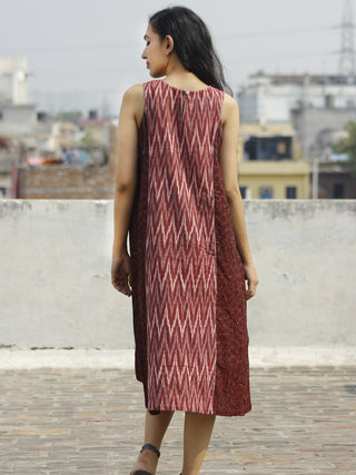 Maroon Ivory Grey Handwoven Ikat Knife Pleated Sleeveless Dress With Front Pockets-  D82F859