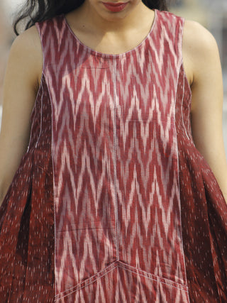 Maroon Ivory Grey Handwoven Ikat Knife Pleated Sleeveless Dress With Front Pockets-  D82F859