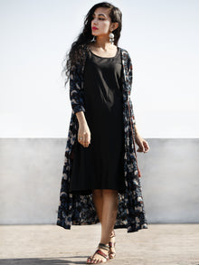 Indigo Brown Beige Hand Block Cotton Dress With Tie-Up Waist And Black Inner -  D85F1143