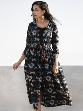 Indigo Brown Beige Hand Block Cotton Dress With Tie-Up Waist And Black Inner -  D85F1143