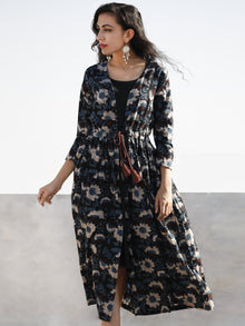 Indigo Brown Beige Hand Block Cotton Dress With Tie-Up Waist And Black Inner -  D85F1143