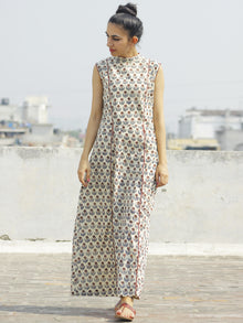 Beige Maroon Blue Hand Block Printed Princess Line Stand Collar Dress - D40F893