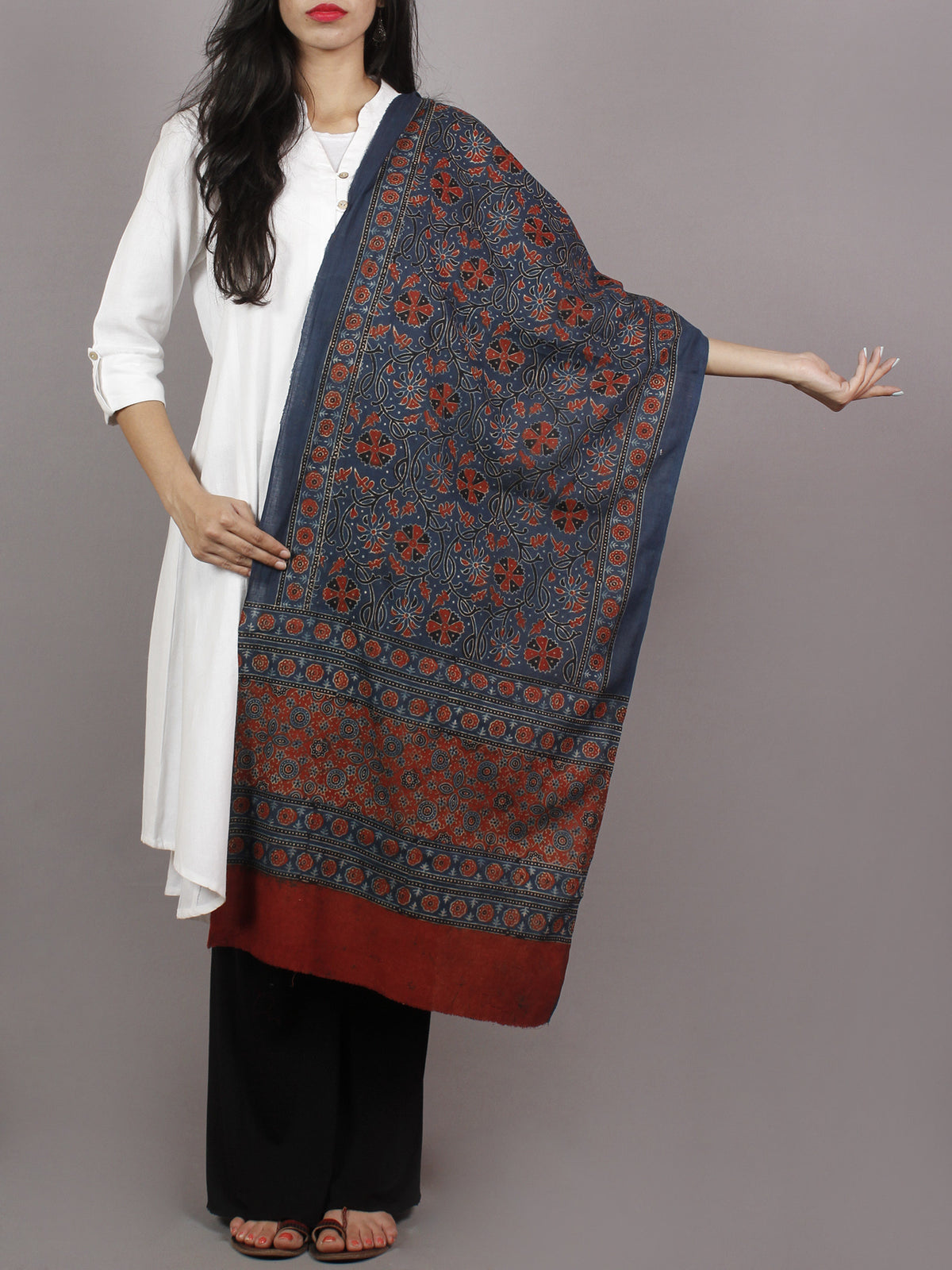 Indigo Maroon Ivory Black Mughal Nakashi Ajrakh Hand Block Printed Cotton Stole - S63170144