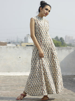 Beige Maroon Blue Hand Block Printed Princess Line Stand Collar Dress - D40F893