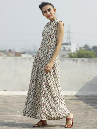 Beige Maroon Blue Hand Block Printed Princess Line Stand Collar Dress - D40F893