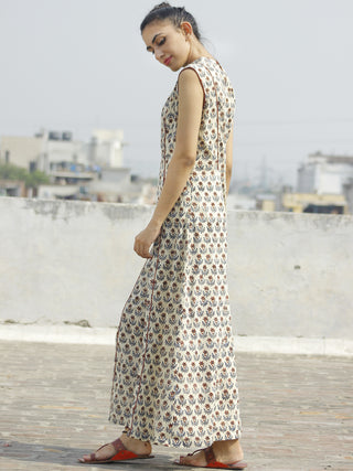 Beige Maroon Blue Hand Block Printed Princess Line Stand Collar Dress - D40F893