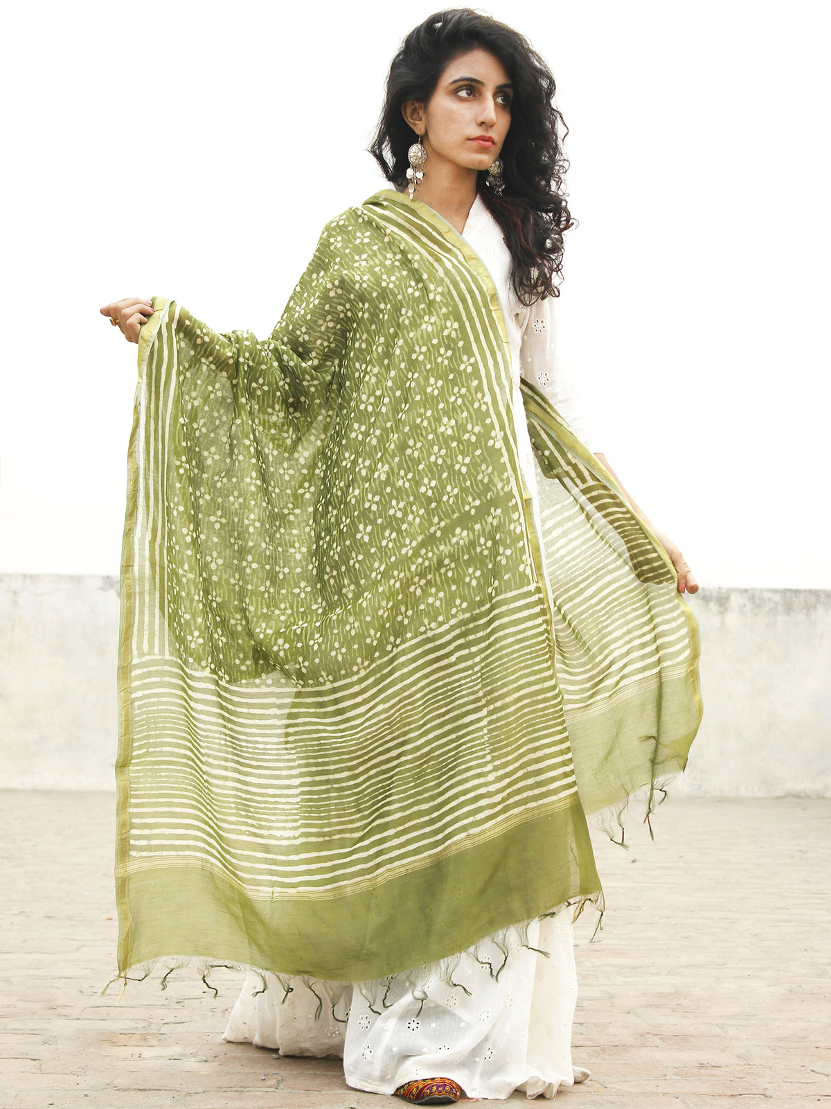 Olive Green Ivory Chanderi Hand Black Printed & Hand Painted Dupatta - D04170243