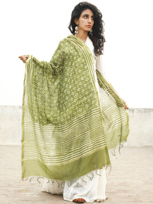 Olive Green Ivory Chanderi Hand Black Printed & Hand Painted Dupatta - D04170243