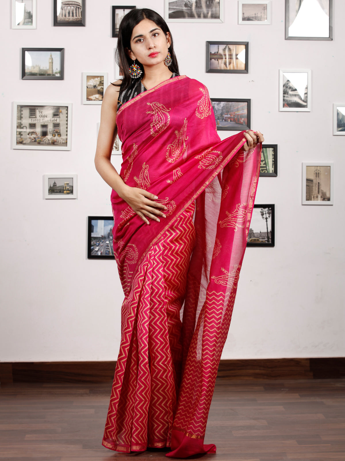 Pink Golden Chanderi Silk Hand Block Printed Saree With Zari Border - S031703186