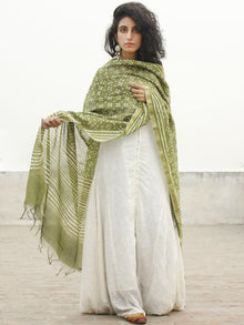 Olive Green Ivory Chanderi Hand Black Printed & Hand Painted Dupatta - D04170243