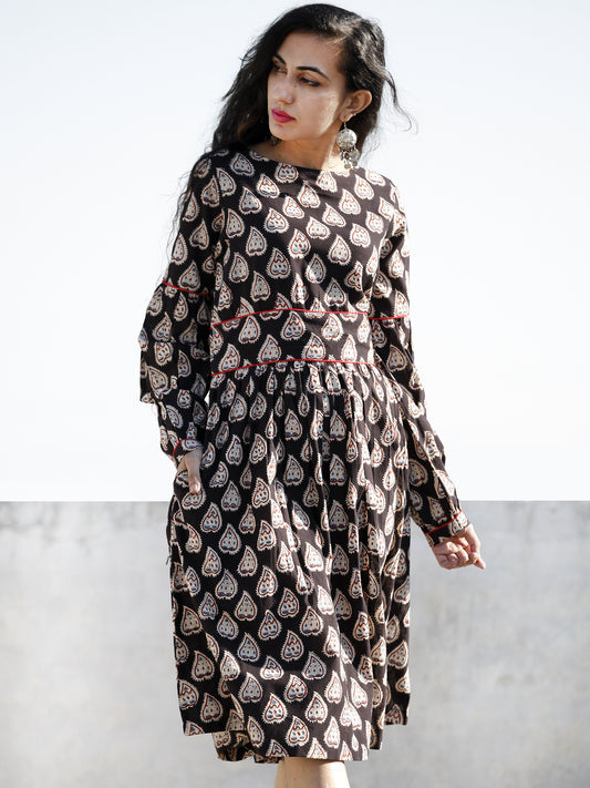 Black White Blue Hand Block Printed Cotton Midi Dress With Peasant Sleeves  - D203F997