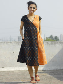 Black Peach Ivory Handwoven Ikat Wrap Dress With Side Pockets  - D120F746
