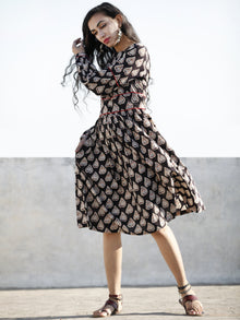 Black White Blue Hand Block Printed Cotton Midi Dress With Peasant Sleeves  - D203F997