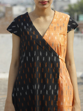 Black Peach Ivory Handwoven Ikat Wrap Dress With Side Pockets  - D120F746