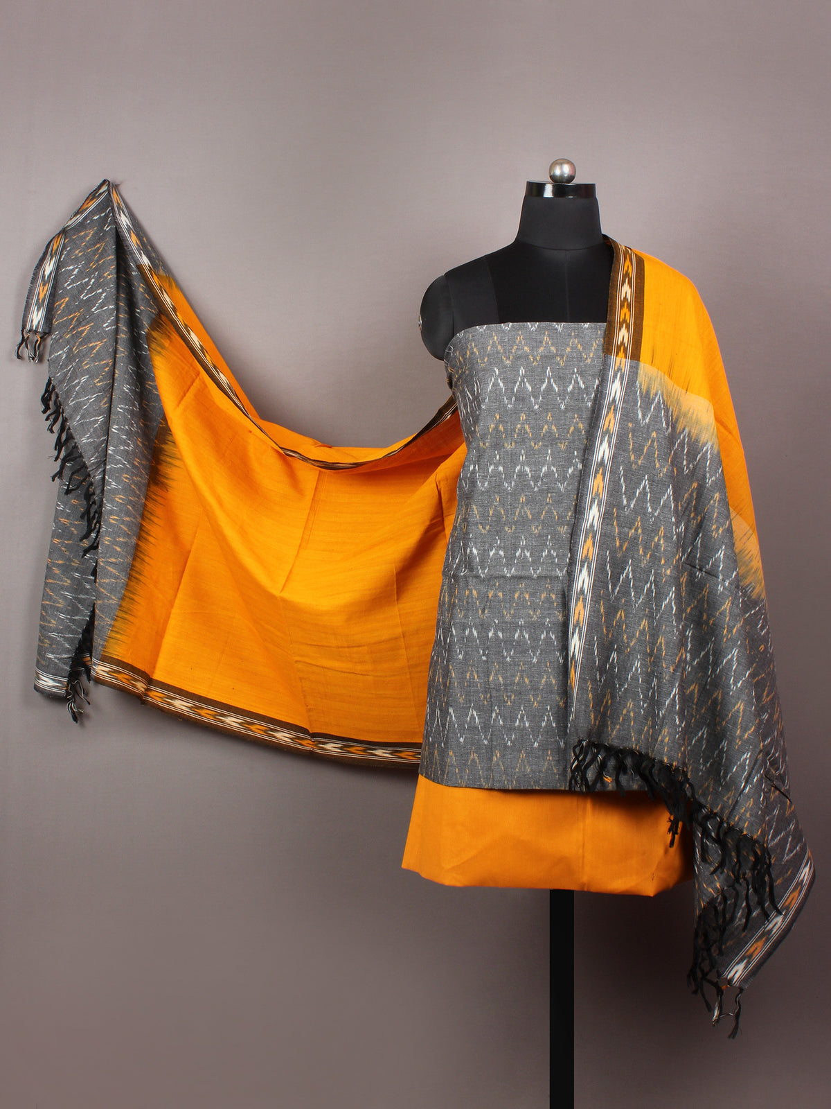 Grey Yellow Ivory Multi Color Ikat Handwoven Cotton Suit Fabric Set of 3 - S1002037