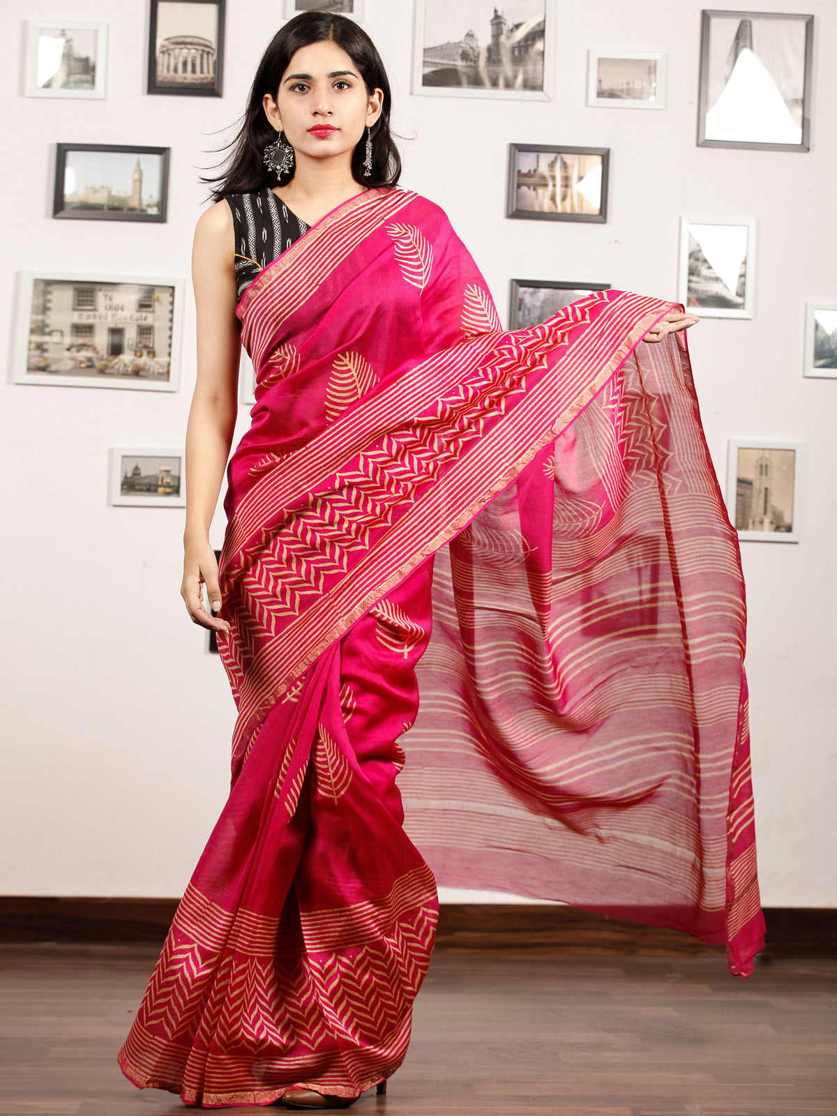 Pink Beige Chanderi Silk Hand Block Printed Saree With Zari Border - S031703187
