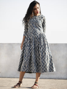 Kashish Indigo White Hand Block Printed Cotton Midi Dress With Back Details  - D207F1113