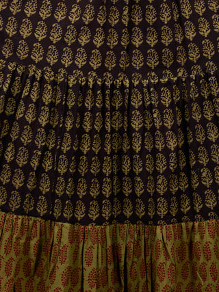 Olive Green Black Bagh Printed Cotton Long Tier Dress  - D135F1704