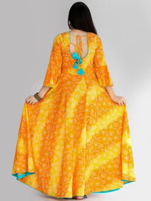 Maher - Yellow Orange Bandhani Printed Urave Cut Long Mirror Work Dress  - D381F2236