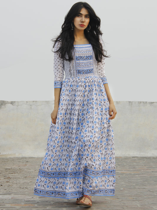 Naaz White Blue Grey Hand Block Printed Dress With Stand Collar And Gathers -  DS32F001