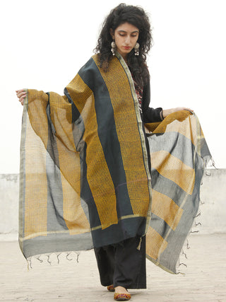 Black Mustard Yellow Chanderi Hand Black Printed & Hand Painted Dupatta - D04170213