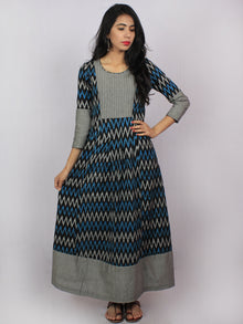 Black Grey Blue Ikat Handwoven Long Cotton & Linen Pleated Dress With Back Buttons - D2956701