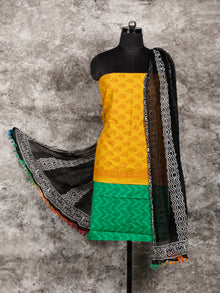 Yellow Green Black White Hand Block Printed Cotton Suit-Salwar Fabric With Chiffon Dupatta (Set of 3) - SU01HB326