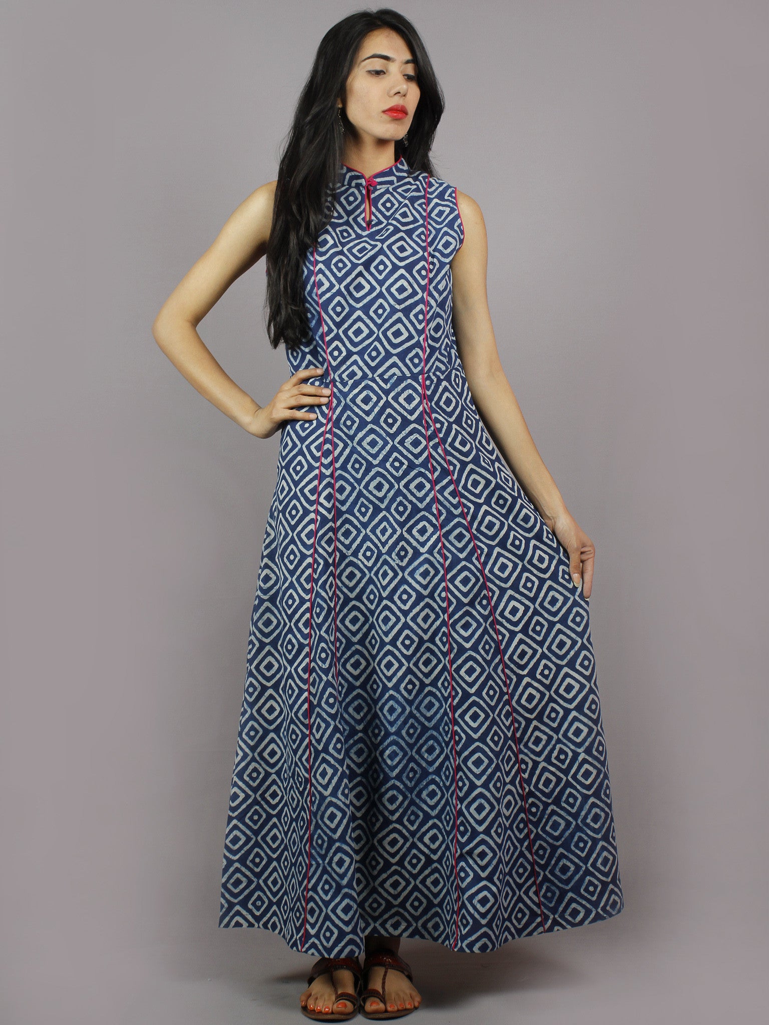 Indigo White Hand Block Printed Princess Line Stand Collar Dress - D40 InduBindu Indigo White Hand Block Printed Princess Line Stand Collar Dress - D40 InduBindu
