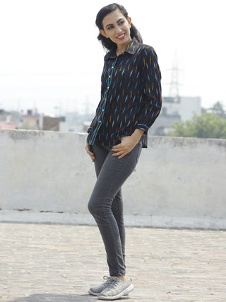 Black Blue Mustard Red Hand Woven Ikat Shirt  - T17F725